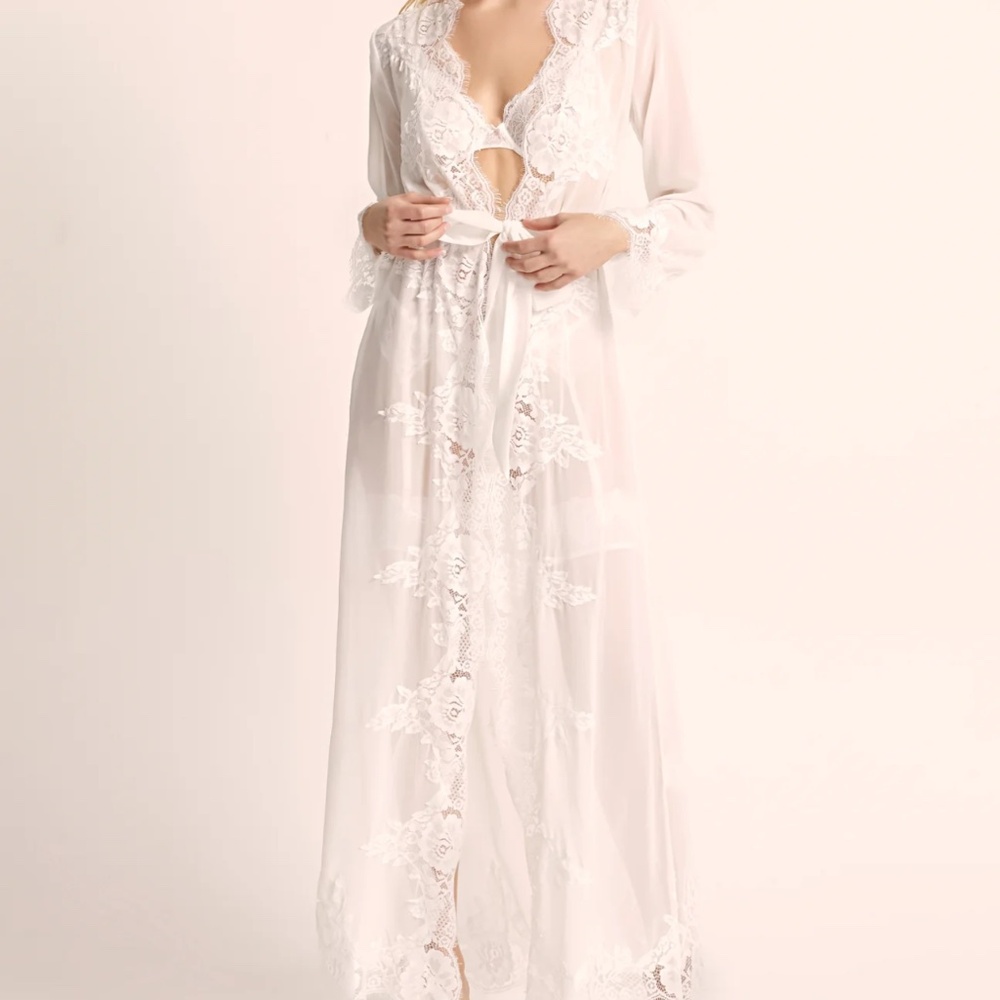 Sheer Lace Trim Long Robe - White